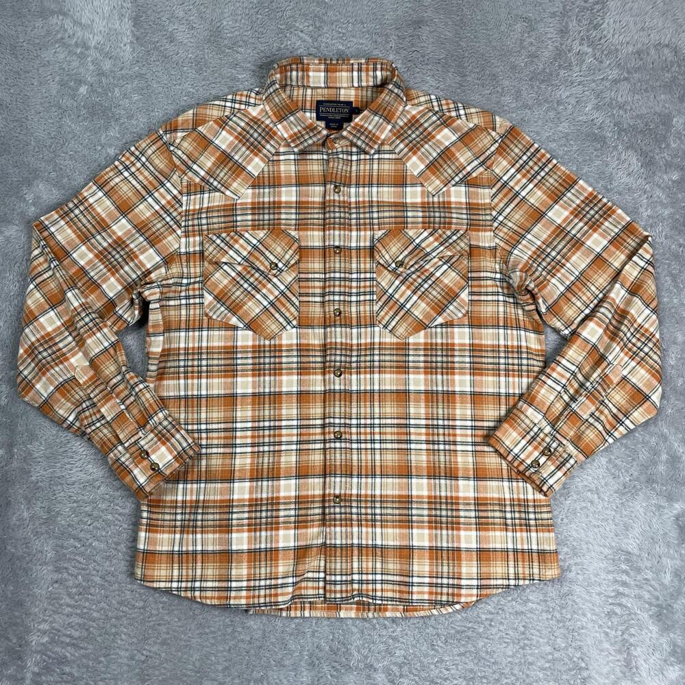 Pendleton Shirt Mens Large Orange Plaid Flannel Long Sleeve Snap Front Western